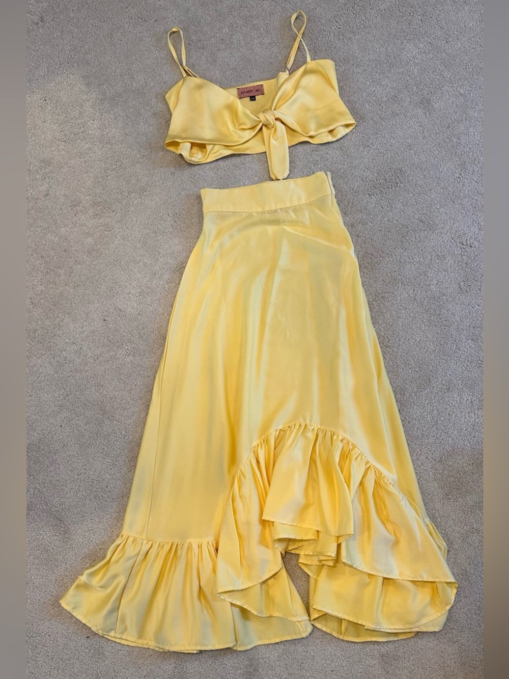 East West Label Yellow Satin High-Low Ruffle Skirt set